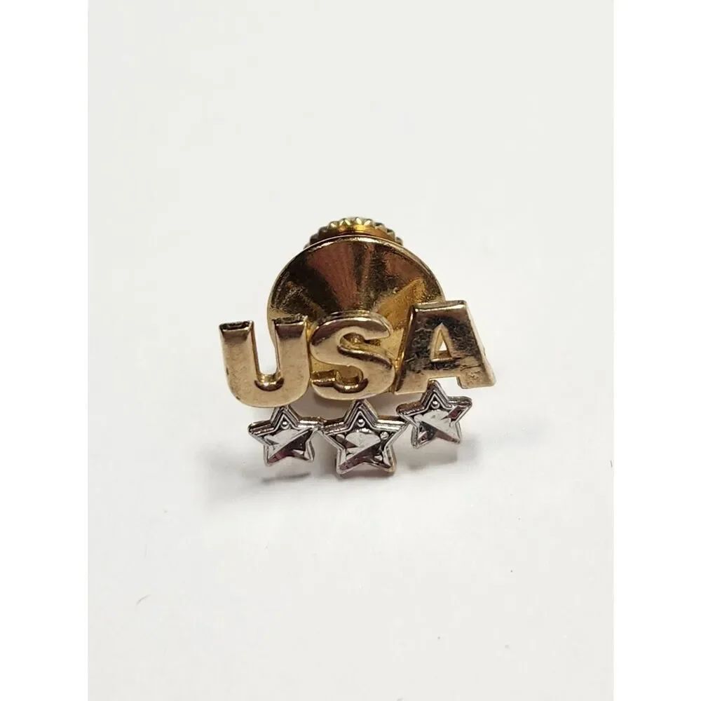 10K Gold USA Military Style Pin with Three Stars - Yellow Gold White Gold